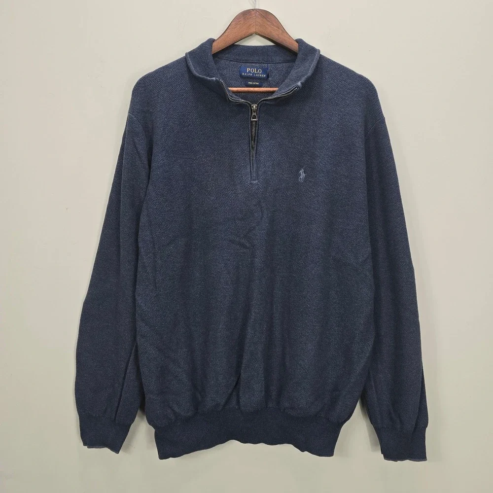 Polo Ralph Lauren 2XB Blue Pima Cotton Pique 1/4‎ Zip Knit Pullover Sweater